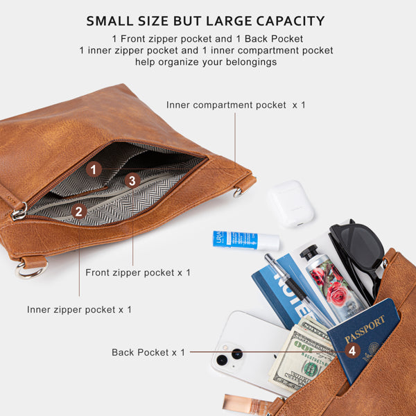 Multi-Pocket PU Leather Crossbody Bag – Women’s Adjustable Strap Shoulder Purse