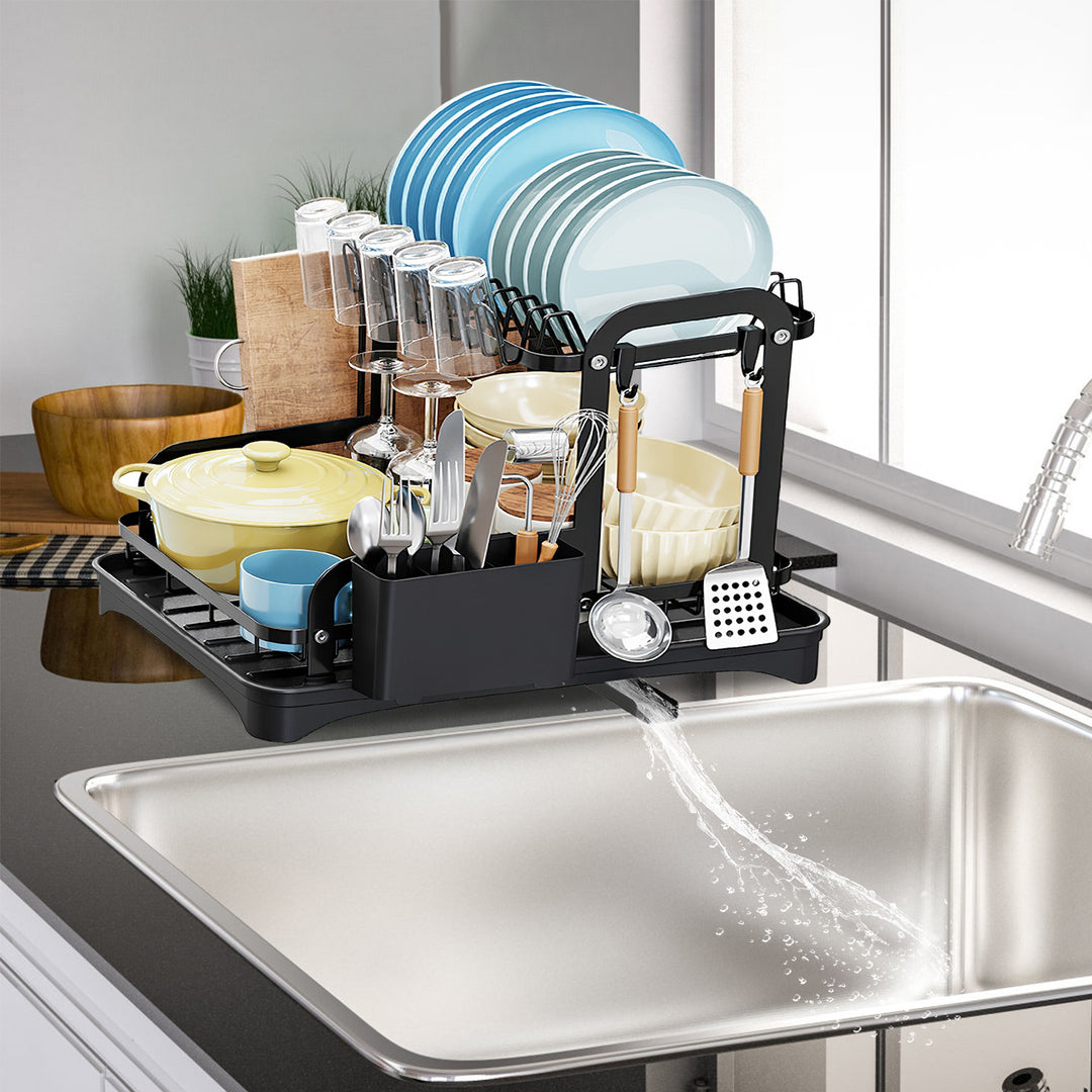 2-Tier Rustproof Dish Drying Rack with Drainboard — Space-Saving Counter Organiser with Utensil Holder, Bowl Rack & Chopping Board Slot