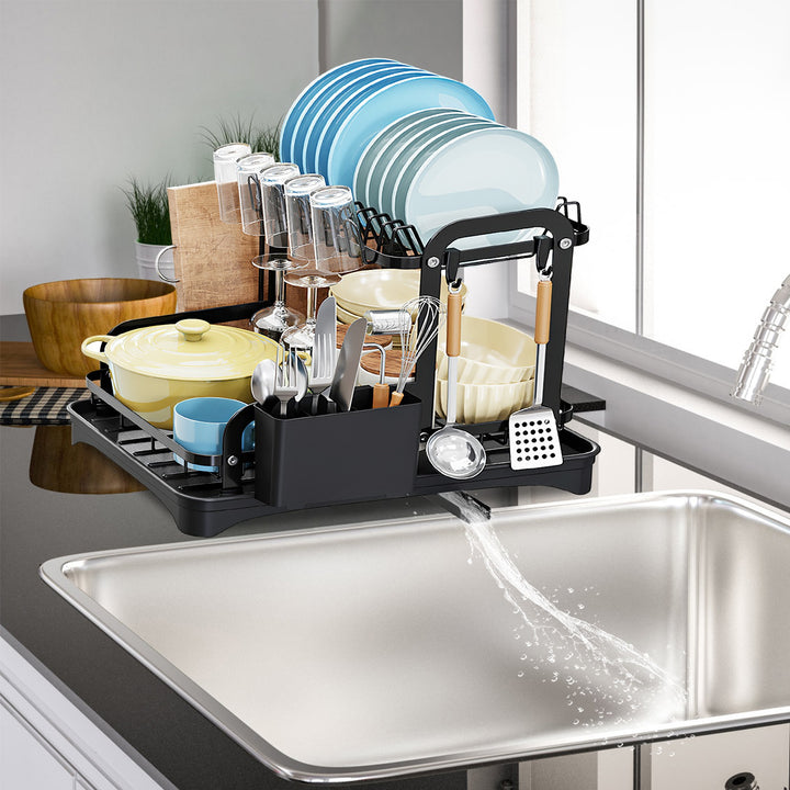 2-Tier Rustproof Dish Drying Rack with Drainboard — Space-Saving Counter Organiser with Utensil Holder, Bowl Rack & Chopping Board Slot