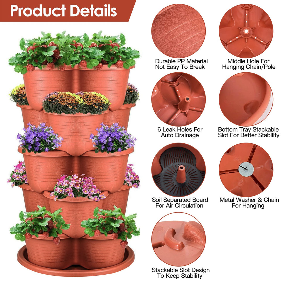 5-Tier Vertical Stackable Garden Tower Planter — Space-Saving Pot for Strawberries, Herbs, Flowers & Vegetables (Red)