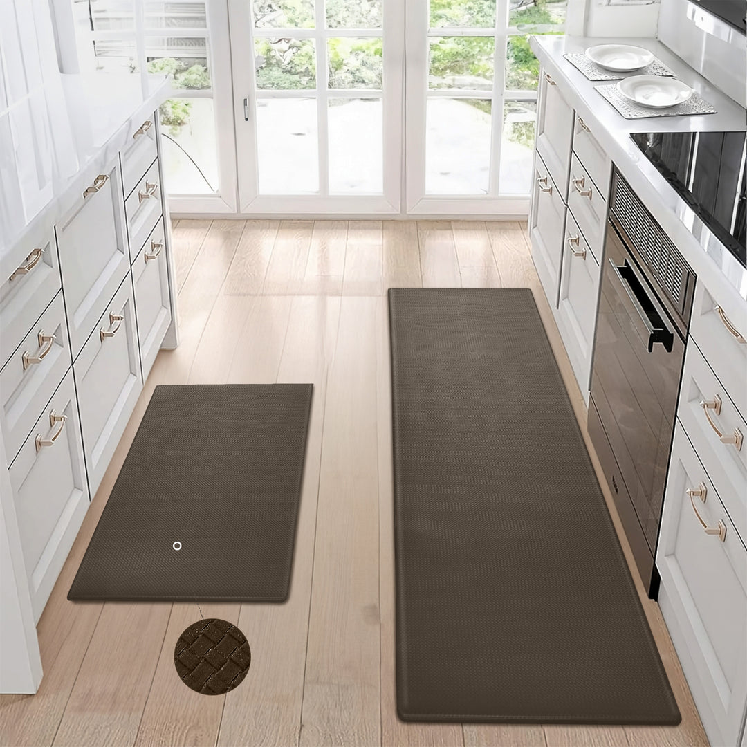 Kitchen Floor Mat 2-Piece Set — Non-Slip, Waterproof & Easy-Scrub Anti-Fatigue Mats for Home Kitchen (Brown)