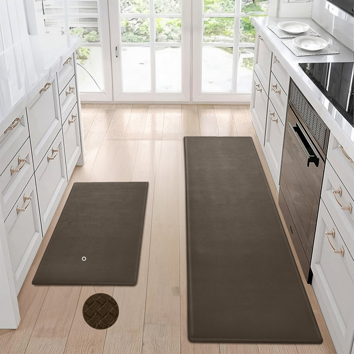 Kitchen Floor Mat 2-Piece Set — Non-Slip, Waterproof & Easy-Scrub Anti-Fatigue Mats for Home Kitchen (Brown)
