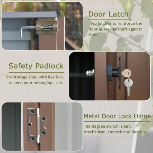 6×4 ft Waterproof Metal Garden Storage Shed — Lockable Double Doors, Bike Shed for Garden & Backyard (Brown)