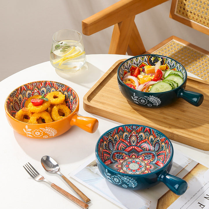 Glazed Salad & Dessert Bowl with Handle — Household Ceramic Serving Bowl (Blue, Green & Red Glaze)