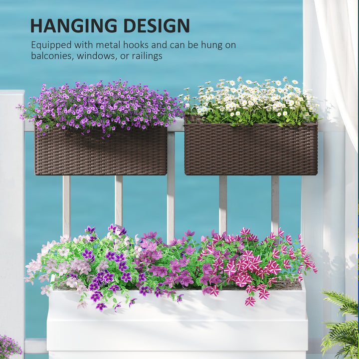 2 Pack 20 Inch Railing Flower Pots, Hanging Flower Pots with Hooks, Drainage Holes for Fence, Rattan Look, Brown