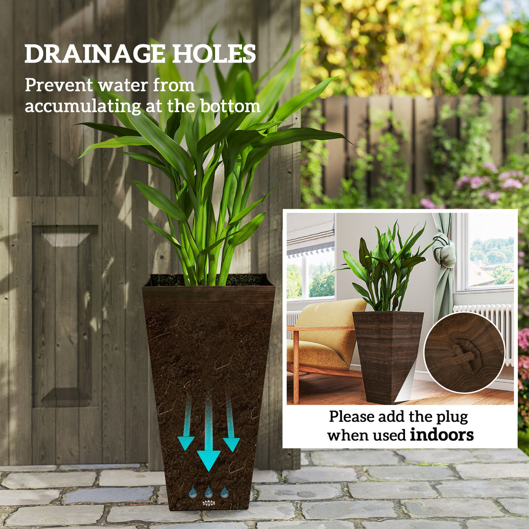 Set of 3 Tall 28in Faux Wood Outdoor Planters — Drainage Holes, Natural Texture Plastic Flower Pots (Brown)