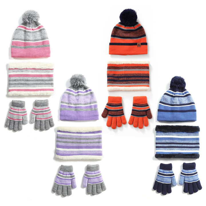 Kids Winter Knitted Hat, Scarf & Gloves Set — 3-Piece Warm Beanie, Neck Warmer & Mittens for Boys & Girls Age 4–7 (Orange/Purple)