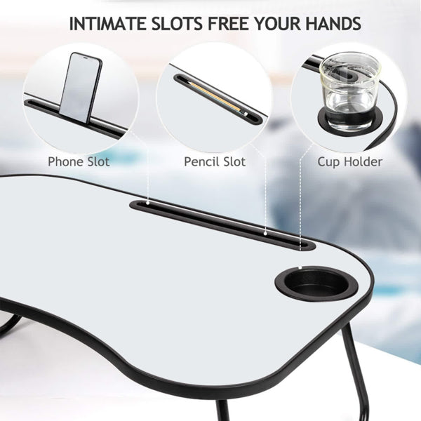Portable Foldable Laptop Desk — 26.5×18.5in Metal & Wood with Cup Holder for Bed, Car, Couch & Outdoor Use (Grey/White)