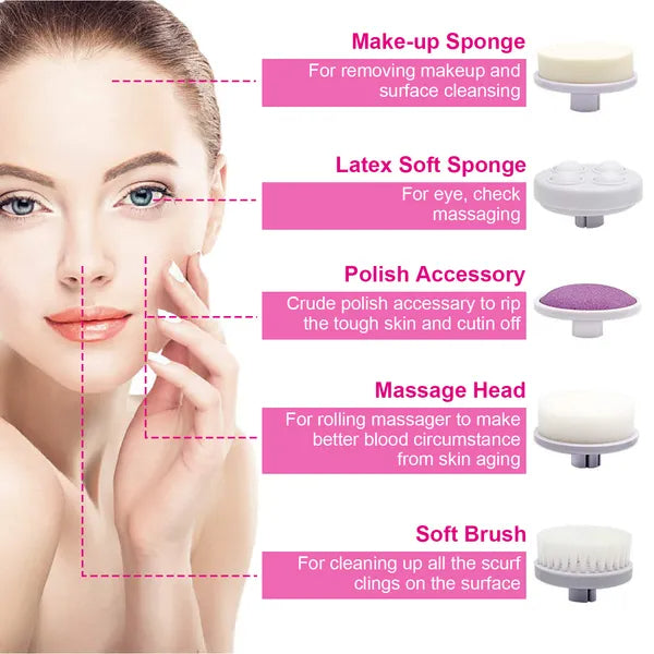 Waterproof Electric Facial Cleansing Spin Brush — 5 Interchangeable Brush Heads for Women (Pink)