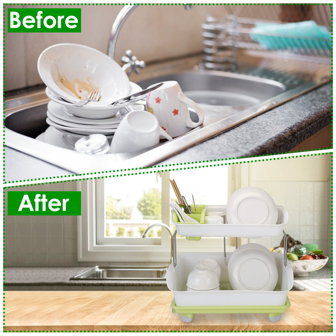 2-Tier Dish Drying Rack — Cutlery Drainer, Holder & Kitchen Storage Shelf (Green & White)