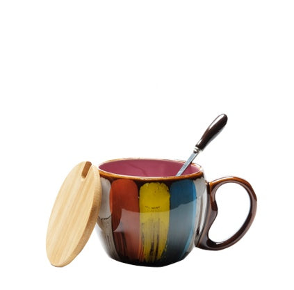 Creative Ceramic Mug with Lid & Spoon — Multi-Purpose Coffee, Milk, Tea & Breakfast Cup for Couples (4 Colours)