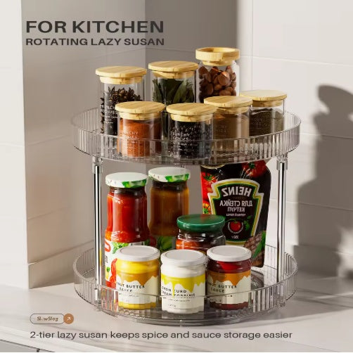 2-Pack Double-Layer Rotating Spice Rack — Turntable Spinning Organizer for Kitchen Countertop & Cabinet (Transparent)