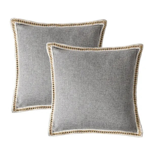 Set of 2 Vintage Linen Trimmed Throw Pillow Covers — Farmhouse Style Cushion Cases for Sofa & Home