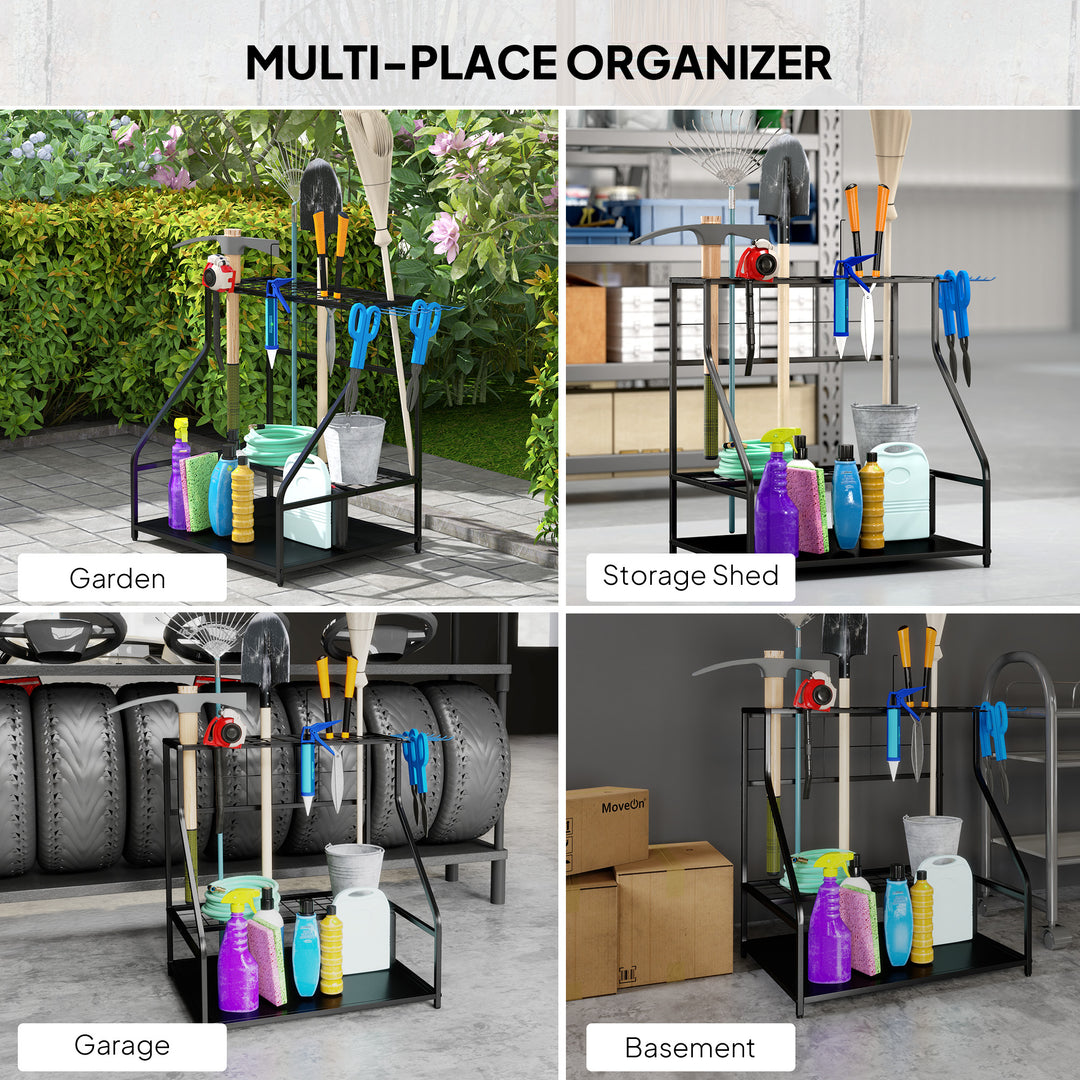 3-Tier Garden Tool Storage Rack — Wall-Mount Organiser with Hooks for Long-Handled Tools, Brooms & Shovels (Blue)