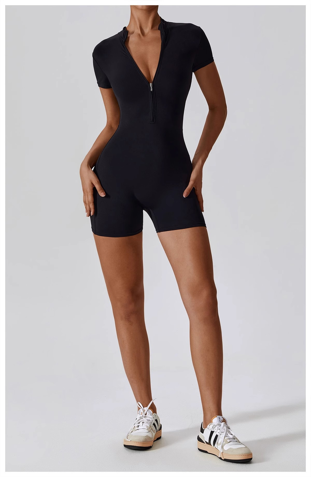 Women's Zip-Up Yoga Bodysuit – Short Sleeve One-Piece Workout Outfit