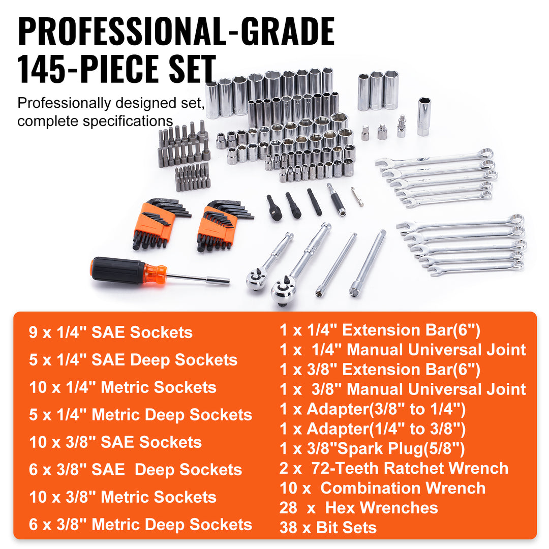 VEVOR 145-Piece Mechanics Tool & Socket Set — SAE & Metric, Deep & Standard Sockets, Combination Wrenches, Hex Keys & Storage Case