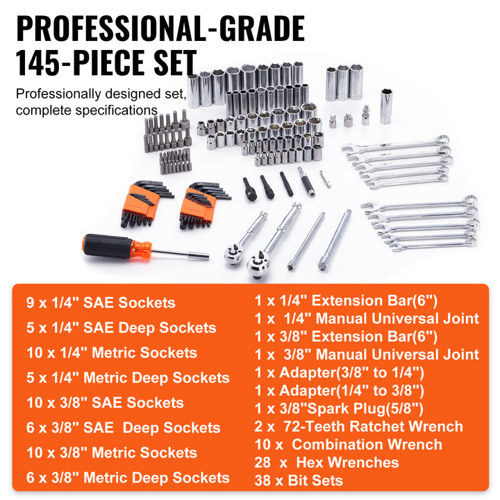 VEVOR 145-Piece Mechanics Tool & Socket Set — SAE & Metric, Deep & Standard Sockets, Combination Wrenches, Hex Keys & Storage Case