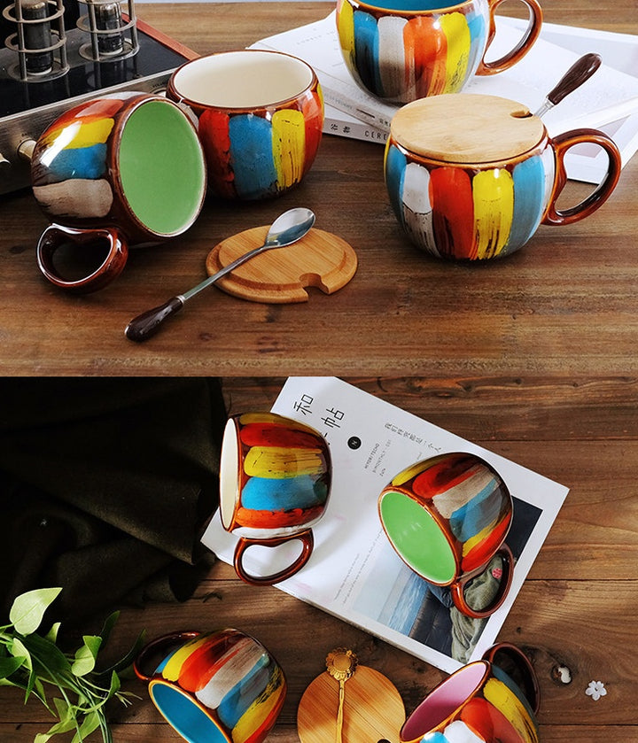 Creative Ceramic Mug with Lid & Spoon — Multi-Purpose Coffee, Milk, Tea & Breakfast Cup for Couples (4 Colours)