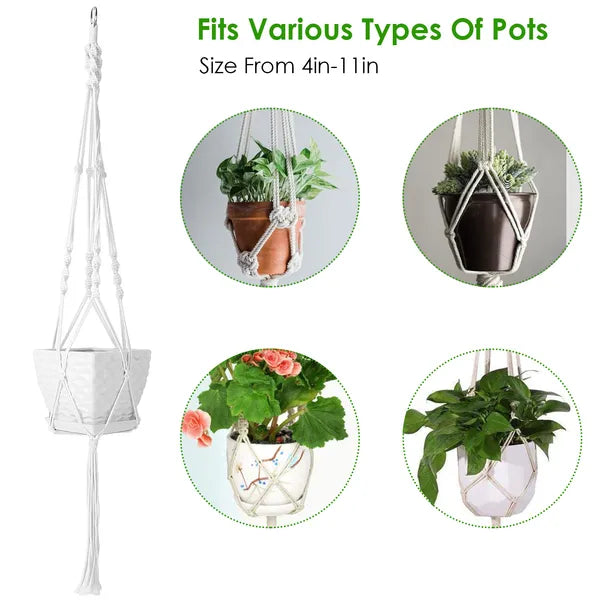 40in Cotton Rope Plant Hangers — Set of 2 or 4, Macramé 4-Leg Hanging Flowerpot Net Bag for Indoor & Outdoor Plants