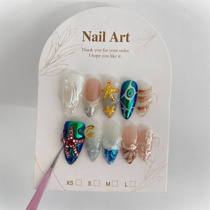 3D Hand-Painted Underwater World Long Press-On Nails — Almond Shape, Ocean Motif, Sizes XS–L (Set B)
