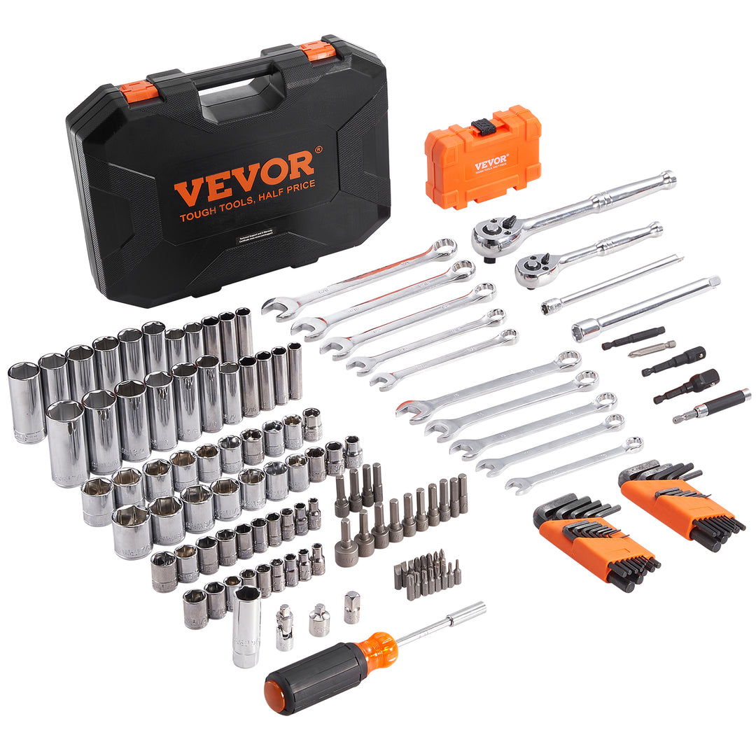 VEVOR 145-Piece Mechanics Tool & Socket Set — SAE & Metric, Deep & Standard Sockets, Combination Wrenches, Hex Keys & Storage Case