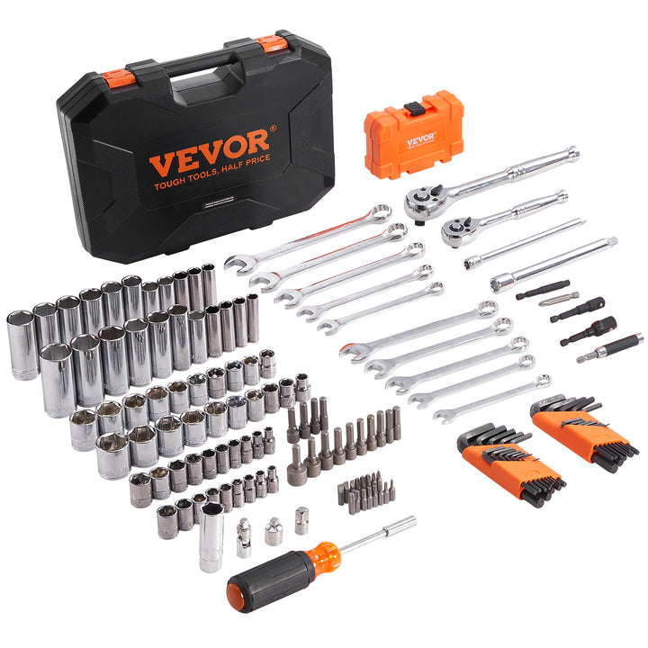 VEVOR 145-Piece Mechanics Tool & Socket Set — SAE & Metric, Deep & Standard Sockets, Combination Wrenches, Hex Keys & Storage Case