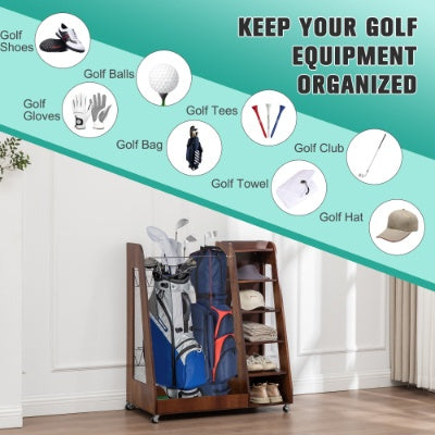 Premium Wooden Golf Bag Organizer — 2-Bag Storage Rack for Garage, Shed, Car & Basement (Black/Brown)