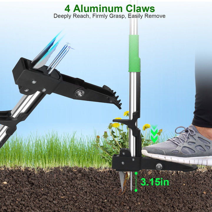 Stand-Up Aluminum Weed Puller — 4-Claw Manual Weeder, No Bending or Kneeling, for Lawn, Yard & Garden (Green)