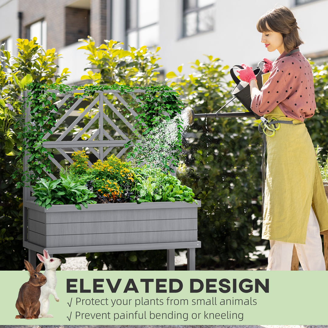 Elevated Wood Planter with Trellis for Climbing Plants, Raised Garden Bed with Legs and Drainage Holes, Gray