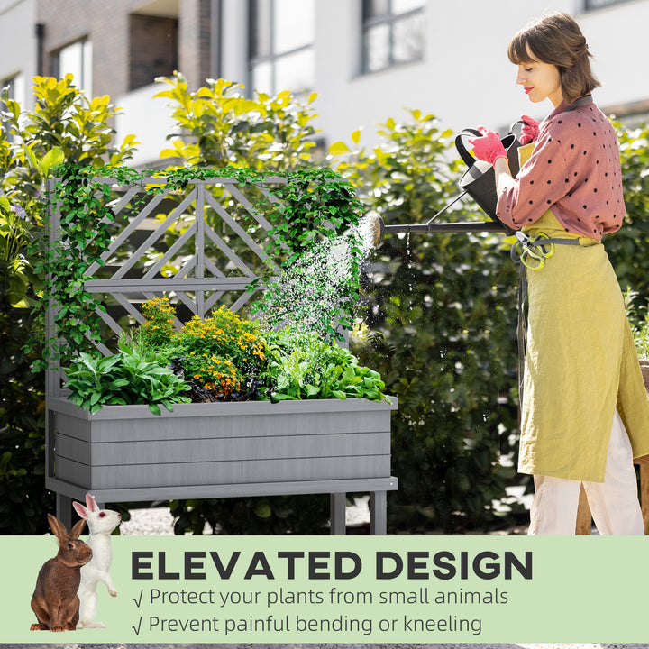 Elevated Wood Planter with Trellis for Climbing Plants, Raised Garden Bed with Legs and Drainage Holes, Gray
