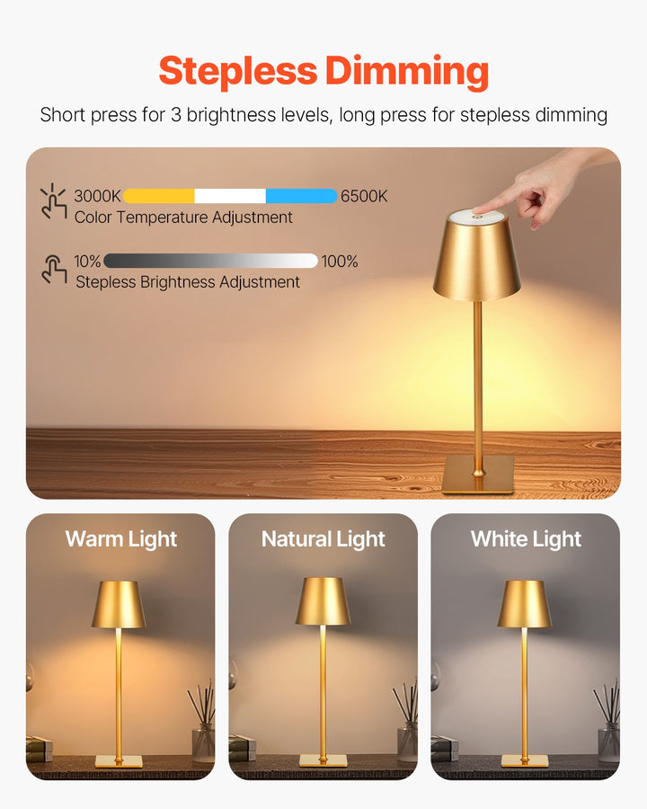 2-Pack Cordless Rechargeable Table Lamps — 5200mAh Battery, Portable LED Desk Lamp for Bedside, Dining & Outdoor (Gold)