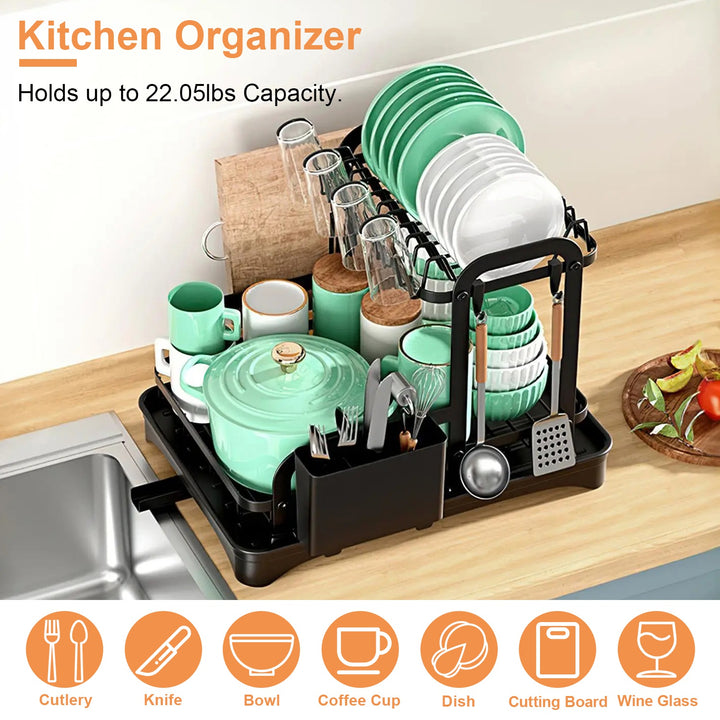 2-Tier Rustproof Dish Drying Rack with Drainboard — Space-Saving Counter Organiser with Utensil Holder, Bowl Rack & Chopping Board Slot