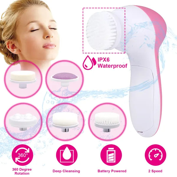 Waterproof Electric Facial Cleansing Spin Brush — 5 Interchangeable Brush Heads for Women (Pink)