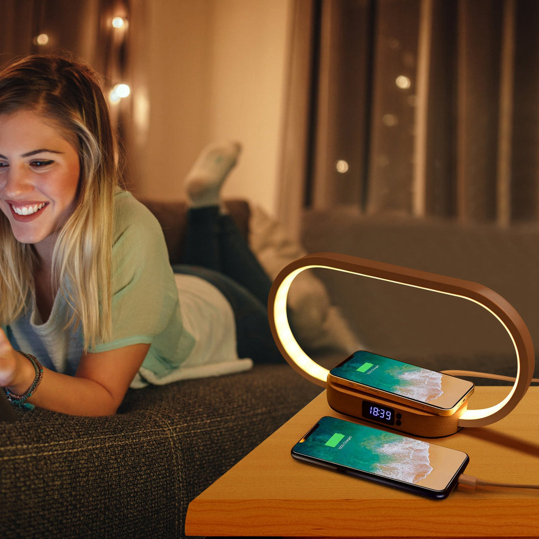 Bedside Table Lamp with Touch Control, Clock, Wireless Charging & Dimmable LED — Nightstand Reading Lamp (White)
