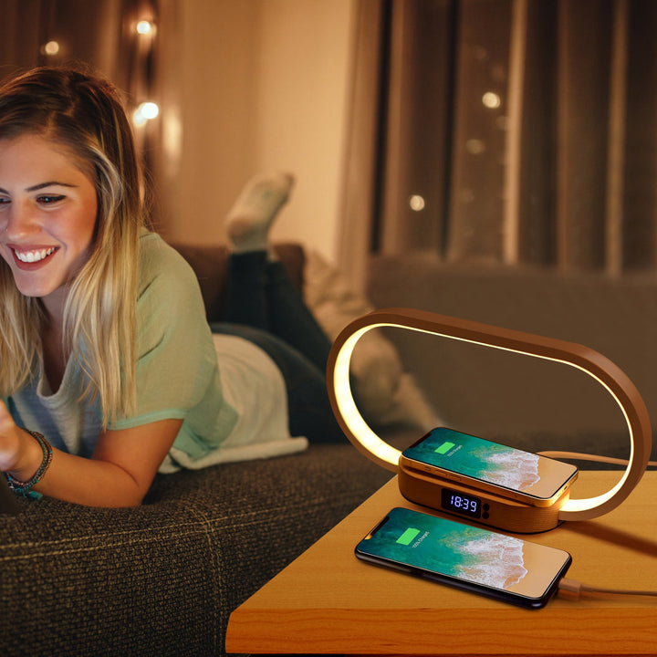 Bedside Table Lamp with Touch Control, Clock, Wireless Charging & Dimmable LED — Nightstand Reading Lamp (White)