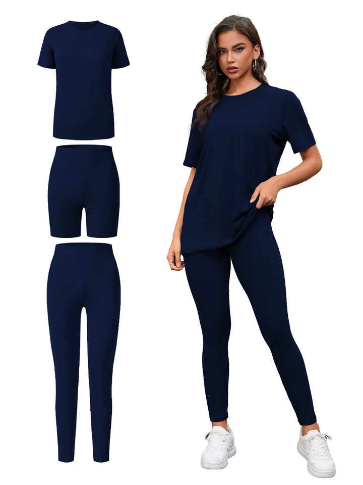 Women's 3-Piece Lounge Set – Short Sleeve Round Neck Top with Shorts & Pants