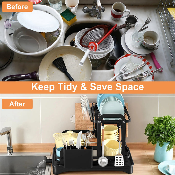 2-Tier Rustproof Dish Drying Rack with Drainboard — Space-Saving Counter Organiser with Utensil Holder, Bowl Rack & Chopping Board Slot