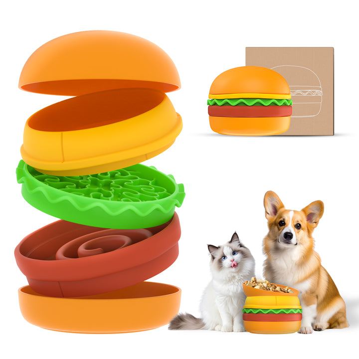 Hamburger Multi-Layer Pet Bowl – 5-in-1 Interactive Cat &amp; Dog Feeding Set