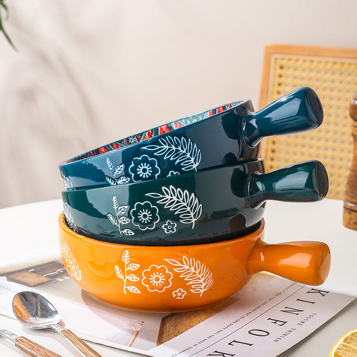 Glazed Salad & Dessert Bowl with Handle — Household Ceramic Serving Bowl (Blue, Green & Red Glaze)