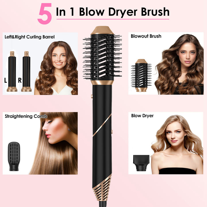 5-in-1 Hot Air Styler — Straightener, Curler, Dryer & Auto-Wrap Brush Set, 3 Temp Settings