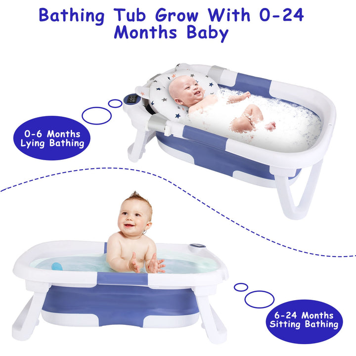 Foldable Baby Bath Tub with Built-In Thermometer — Collapsible Travel Bathtub with Drain Hole for Newborns & Toddlers 0–24 Months