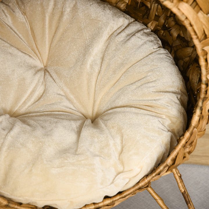 20.5" Weaved Cat Bed, Elevated Hand-woven Braided Banana Leaf Kitten House Condo with Cushion, Natural