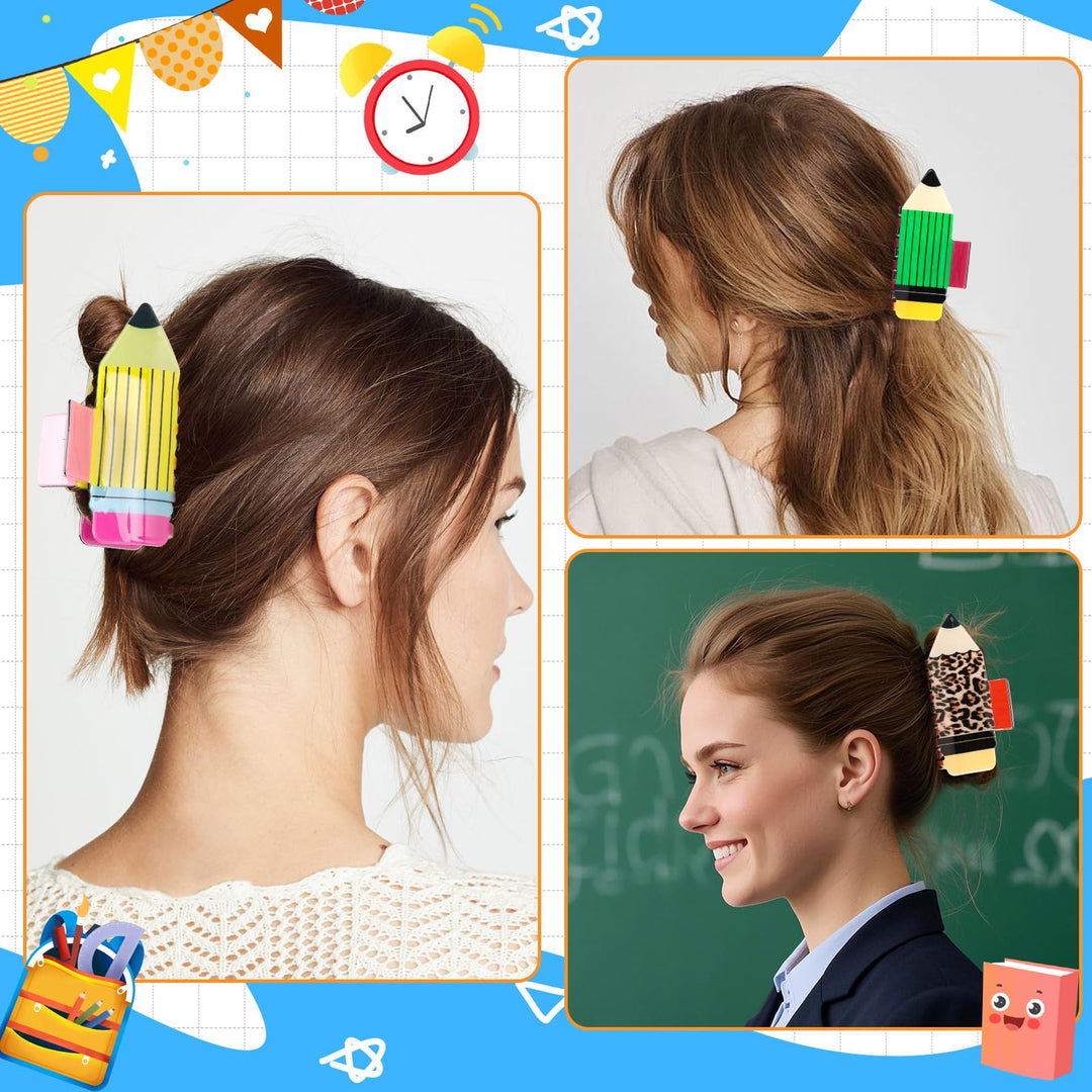 4-Piece Pencil Hair Claw Clips for Women — Non-Slip Sunflower & Leopard Print, Thick & Thin Hair