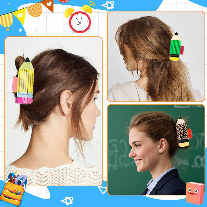 4-Piece Pencil Hair Claw Clips for Women — Non-Slip Sunflower & Leopard Print, Thick & Thin Hair