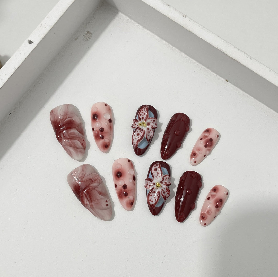 3D Hand-Painted Blooming Floral Press-On Nail Set — Almond Shape, Sizes XS–L, Glue Kit Included