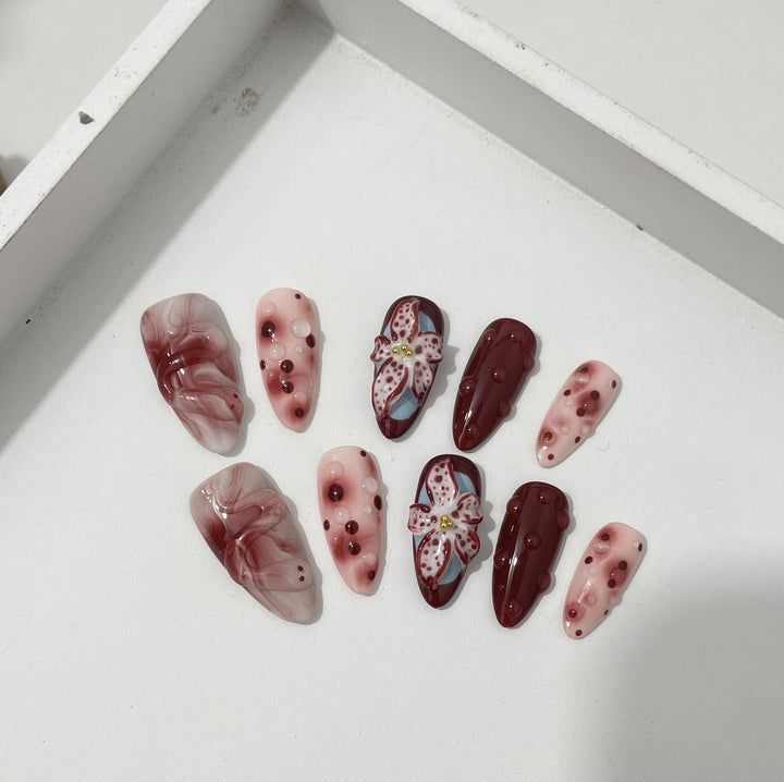 3D Hand-Painted Blooming Floral Press-On Nail Set — Almond Shape, Sizes XS–L, Glue Kit Included