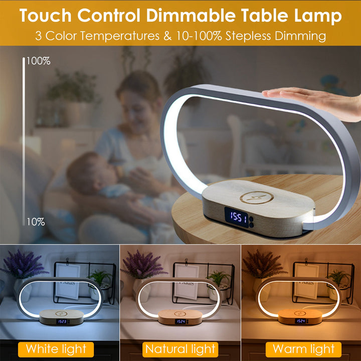 Bedside Table Lamp with Touch Control, Clock, Wireless Charging & Dimmable LED — Nightstand Reading Lamp (White)