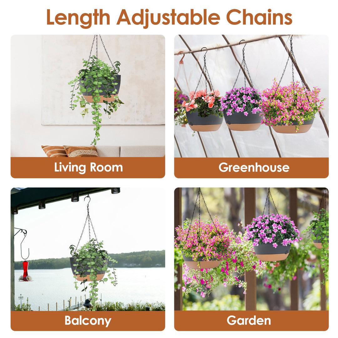 4-Pack 9.64in Hanging Planters — Self-Watering Tray, Drainage Holes, for Indoor & Outdoor Herbs, Ivy & Ferns (Grey)