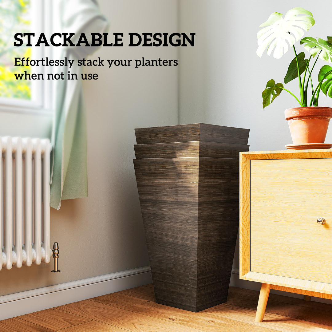Set of 3 Tall 28in Faux Wood Outdoor Planters — Drainage Holes, Natural Texture Plastic Flower Pots (Brown)