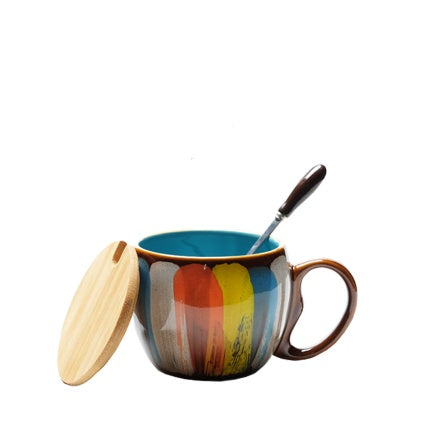 Creative Ceramic Mug with Lid & Spoon — Multi-Purpose Coffee, Milk, Tea & Breakfast Cup for Couples (4 Colours)